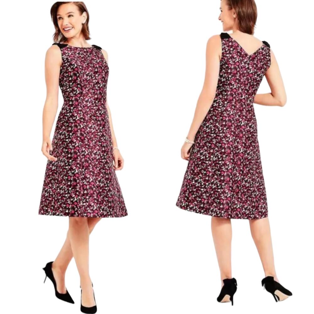 Talbots Pink Floral Fit-and-Flare Midi Dress with Black Accents